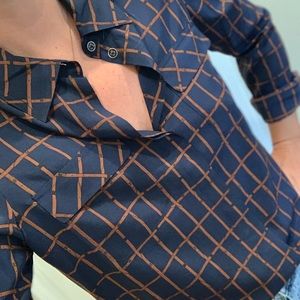 Tory Burch Silk Navy Rust Button Down Shirt